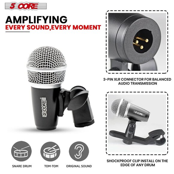 Conga Mic Snare Tom Microphone Drum Kit Condenser XLR Instrument Mics BLACK - Picture 5 of 10